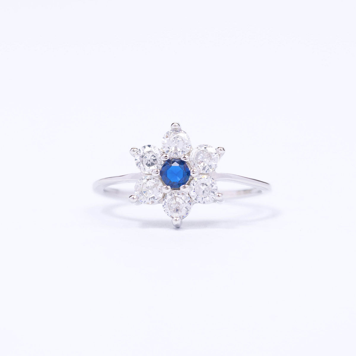 Sapphire Flower CZ Silver Ring